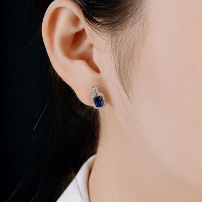 Women's Geometric Frame Stud Earrings, Rectangular Blue Sapphire, Round Zirconia Halo Setting, S925 with White Gold Plating