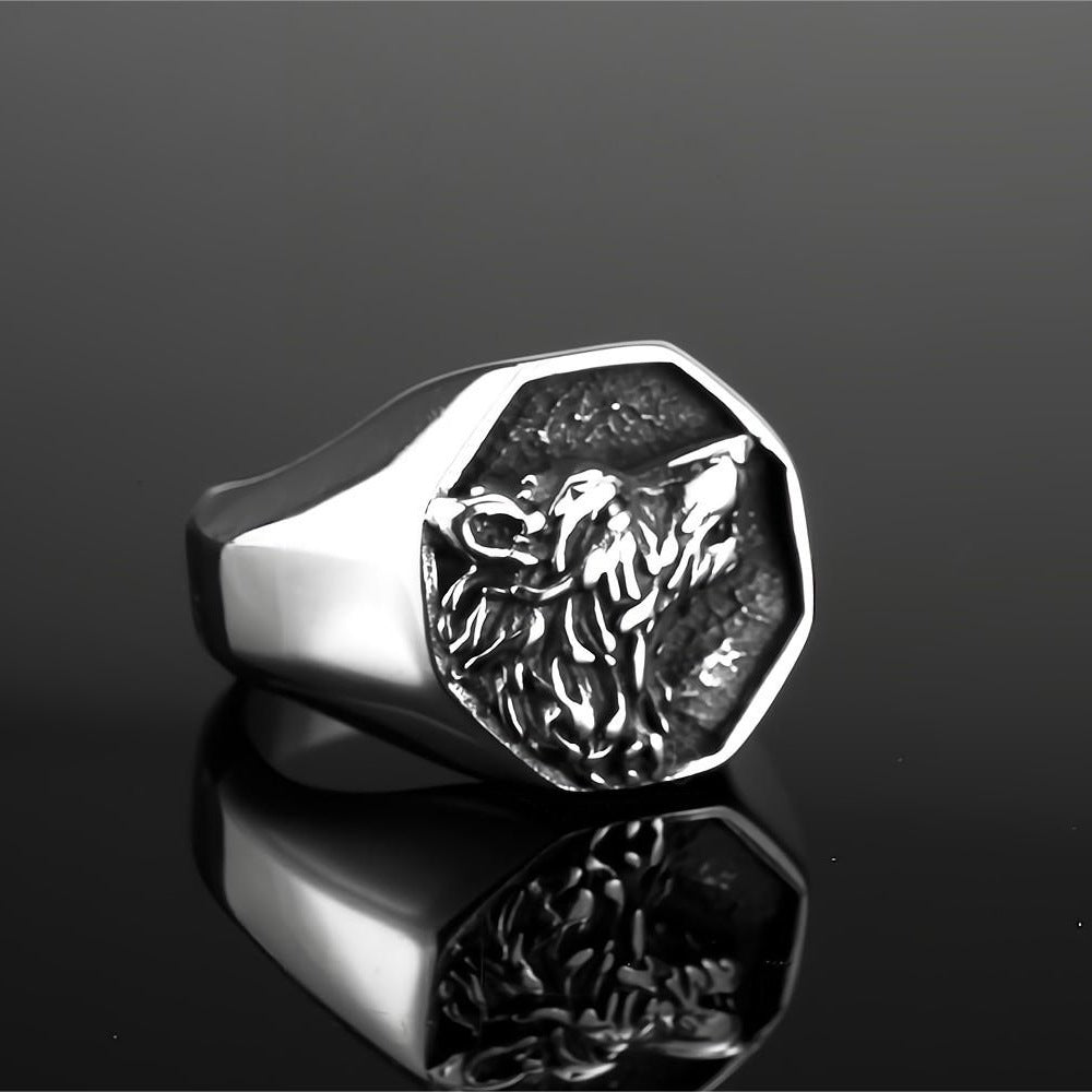 Vintage Solid Stainless Steel 3D Embossed Wolf Head Vegvisir Compass Signet Ring for Men