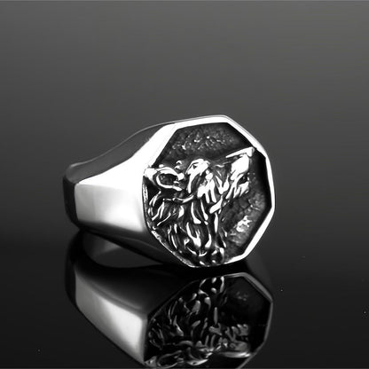 Vintage Solid Stainless Steel 3D Embossed Wolf Head Vegvisir Compass Signet Ring for Men
