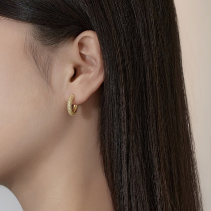 Women's Delicate 11 mm Round Huggie Earrings, Full Paved Round Zirconia, S925 with 18K Gold Plating