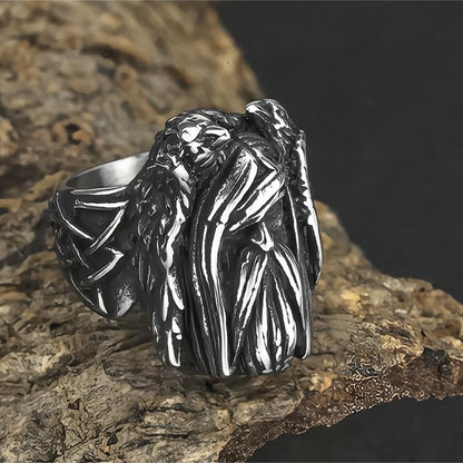 Vintage Antique Finish Stainless Steel Punk Viking Raven Head Ring for Men