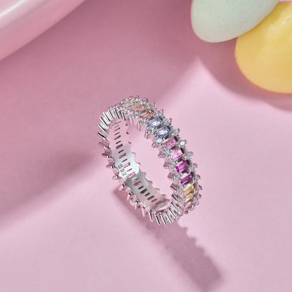 Women's Colorful Rectangular Zirconia Paved Hollow Design Ring, S925 with White Gold Plating