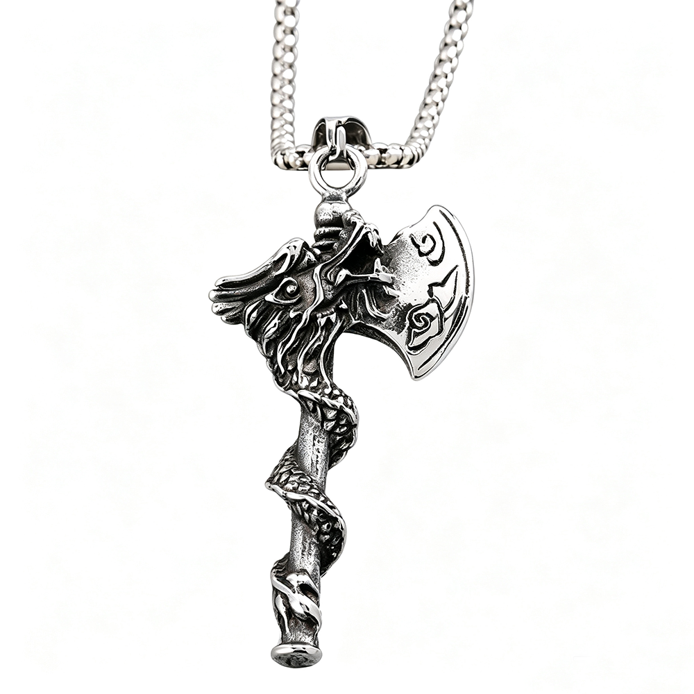 Mens Steel Dragon Axe Pendant Necklace