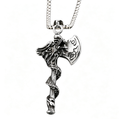 Mens Steel Dragon Axe Pendant Necklace