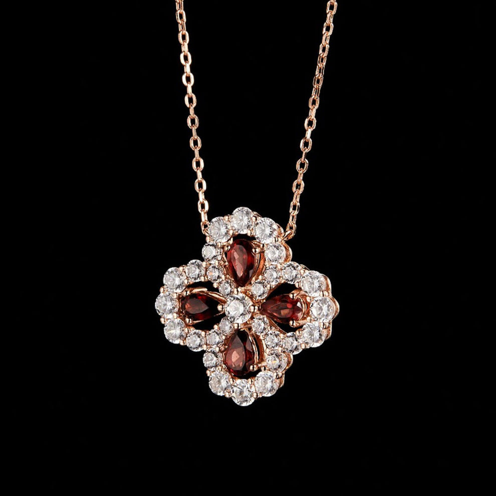 Women's Sterling Silver Hollow Four-leaf Clover Ruby Sapphire Pendant