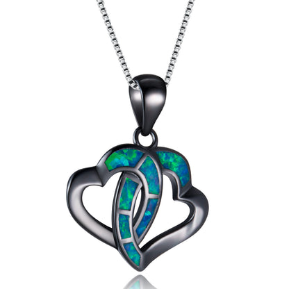 Half-side Opal double heart-shaped pendant necklace