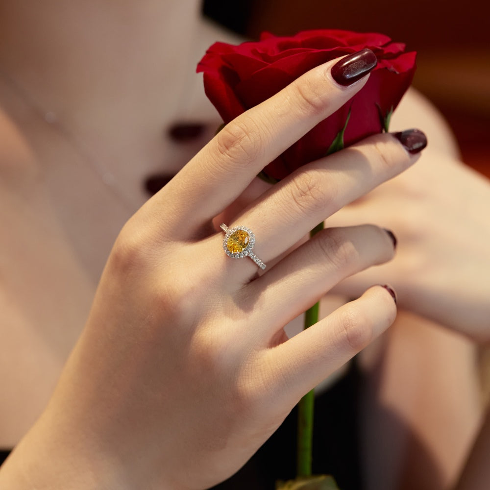 Women's S925 Silver White Gold Tone Ring, Yellow Oval Zircon Inlaid Fashion Ladies Ring