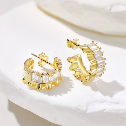 Women's Wave C‑Shape Hoop Earrings, Baguette White Zirconia Paved, S925 with Gold Plating