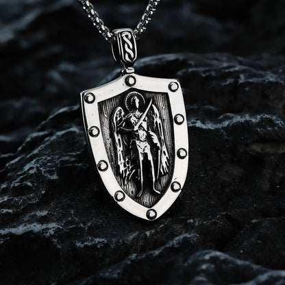 Men's Steel Vintage Archangel St Michael Shield Double Sided Pendant Necklace