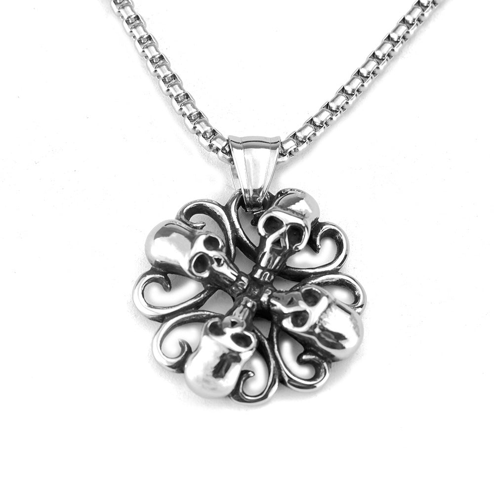 Men's Steel Flower Skull Pendant Necklace