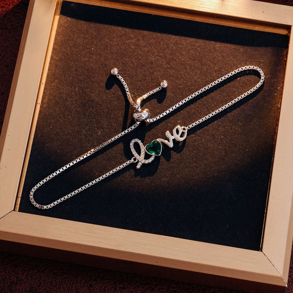 Women's White Gold LOVE Post Heart Shape Emerald Adjustable Bracelet