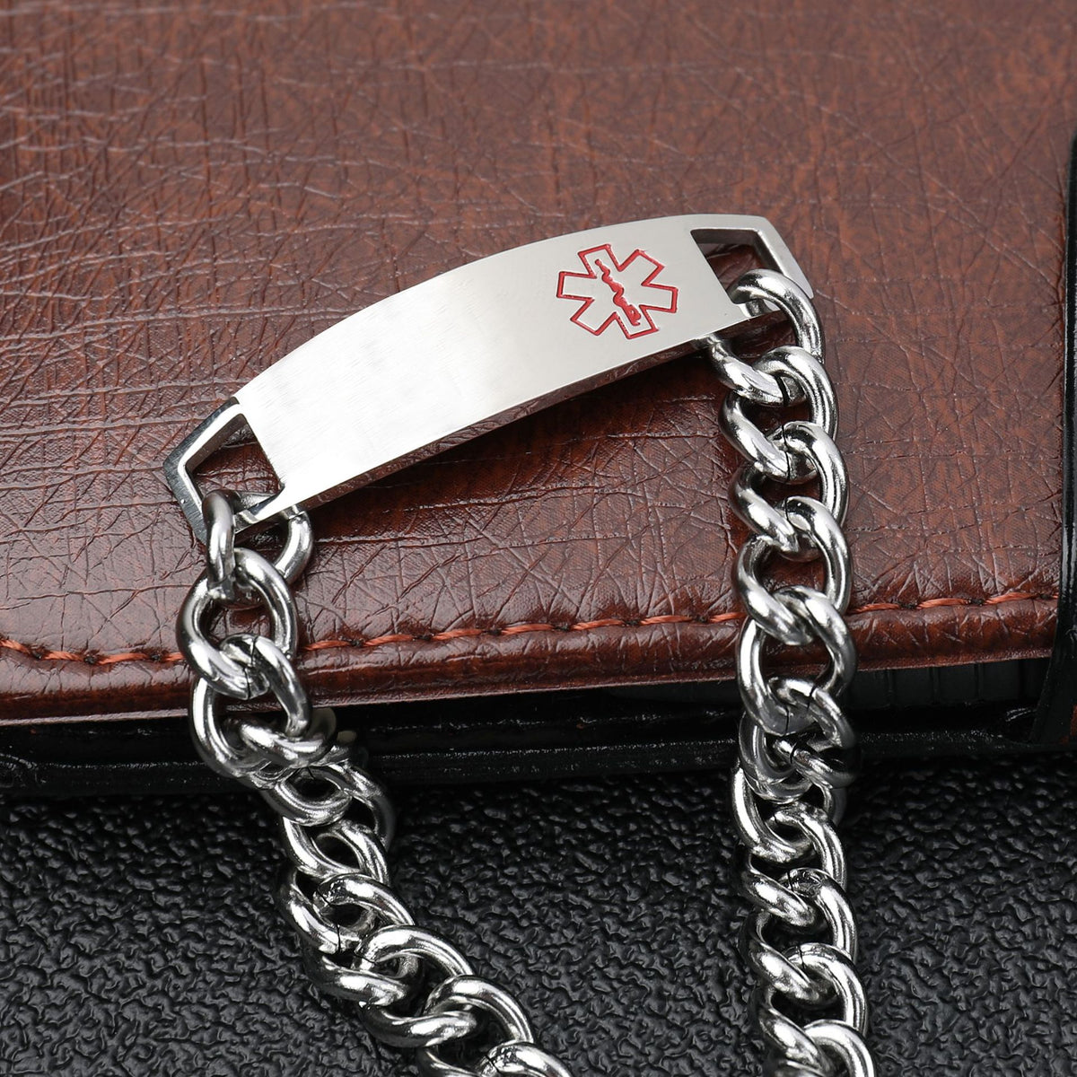 Men’s Silver Tone Stainless Steel Bracelet with Curved Medical Tag Wrist Jewelry