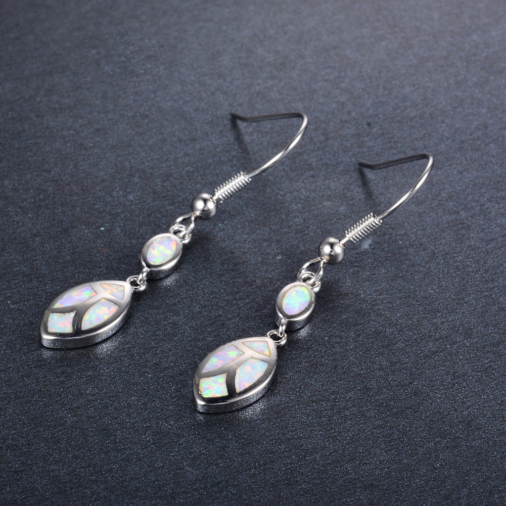 Women's Double‑Layer Leaf Mosaic Blue & White Opal Hook Dangle Earrings, White Gold Plating