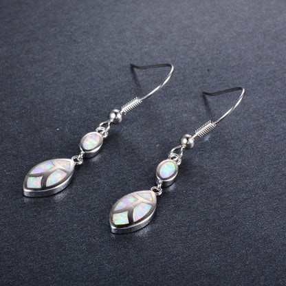 Women's Double‑Layer Leaf Mosaic Blue & White Opal Hook Dangle Earrings, White Gold Plating