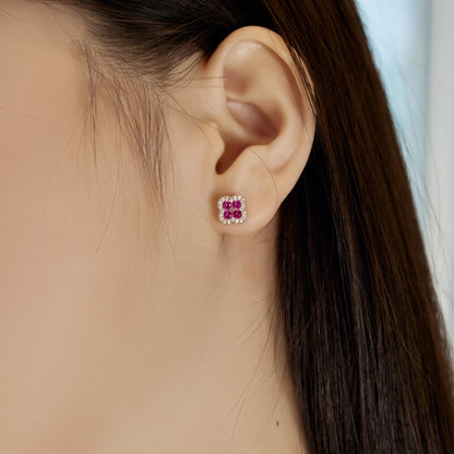 Women's Four‑Leaf Clover Stud Earrings, Round Fuchsia Sapphire Center Stone With Paved Border, S925 with White Gold Plating