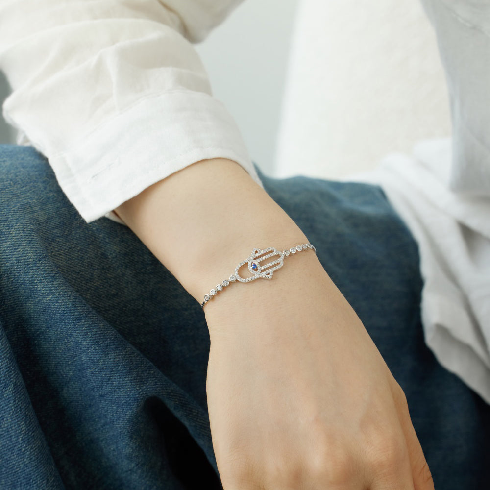 Women's Adjustable Bracelet, Hamsa Hand Evil Eye Paved Zirconia Inlay, S925 with White Gold Plating