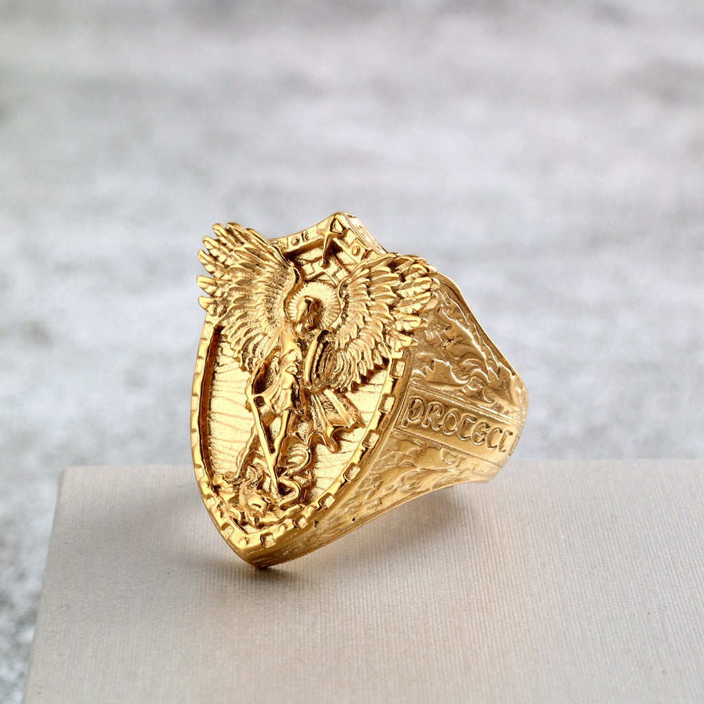 Vintage Solid Stainless Steel Punk St. Michael Dragon Slayer Ring for Men