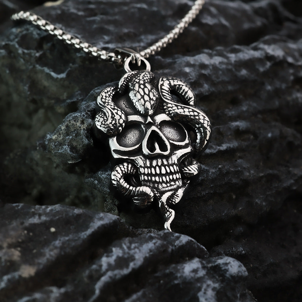 Men's Steel Snake Wrapped Skull Pendant Necklace