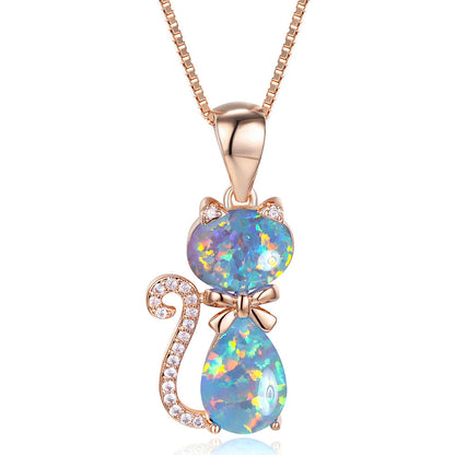 Women's Cat Bow Blue & White Opal with Zirconia Pendant Necklace, Rose Gold / White Gold Plating