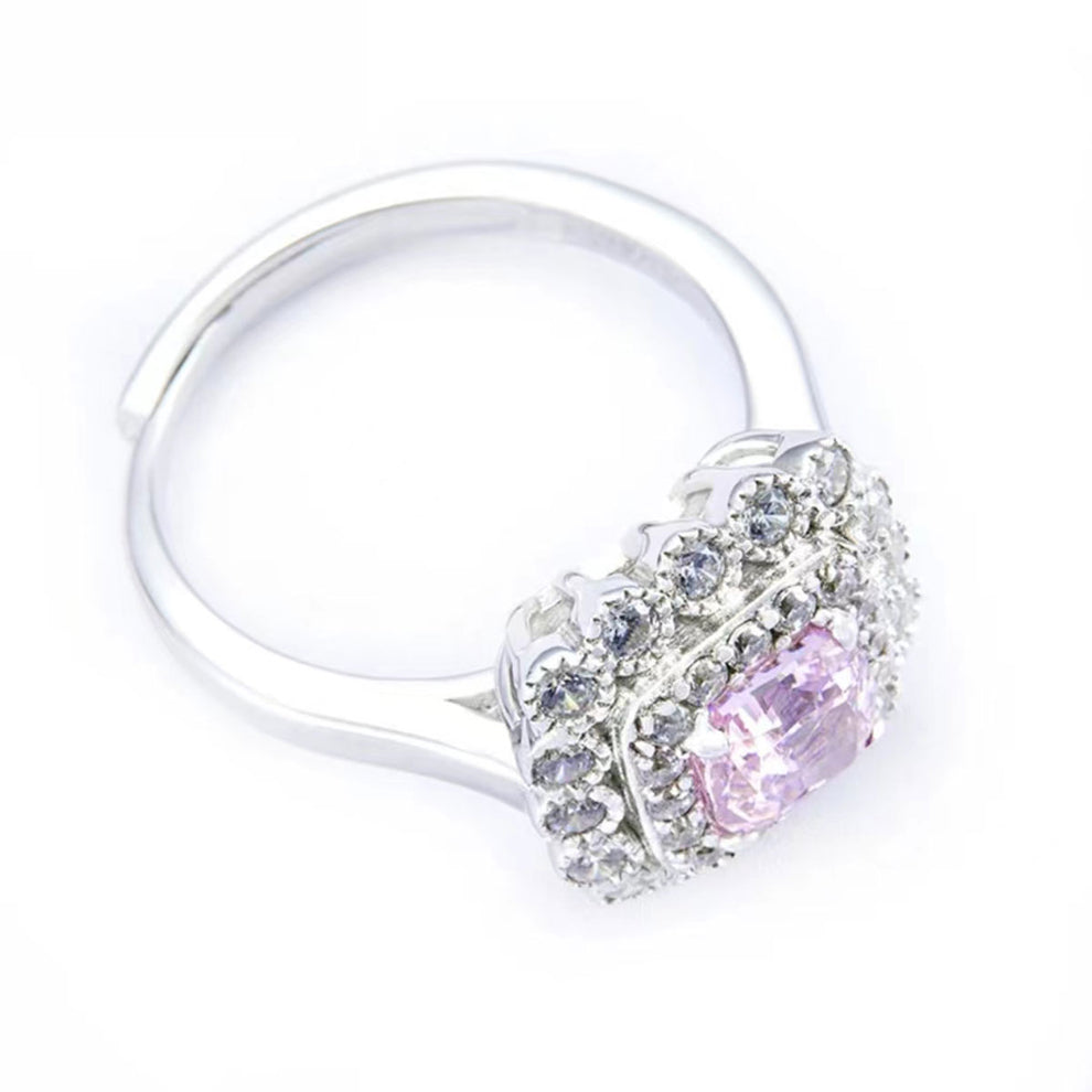 Women's White Gold Cushion Shape Layered Stones Pink Gem Halo Adjustable  Ring