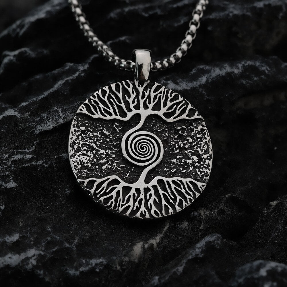Vintage Stainless Steel Men's Viking Tree of Life Pendant Necklace