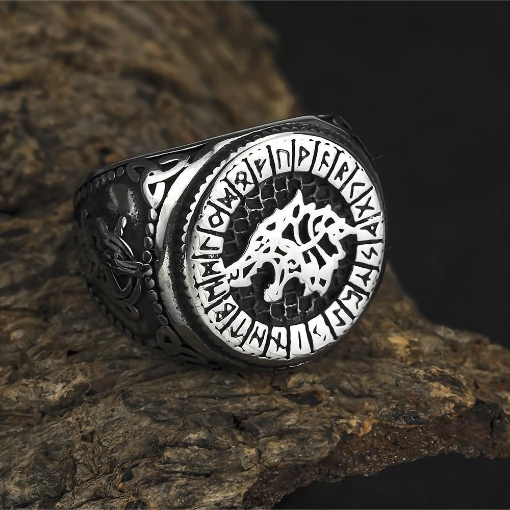 Vintage Solid Stainless Steel Round Signet Viking Wolf Head Rune Hip Hop Ring for Men