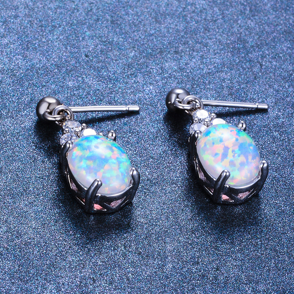 Women's Oval Opal Dangle Stud Earrings With Triple Zirconia Accent, with White Gold Plating