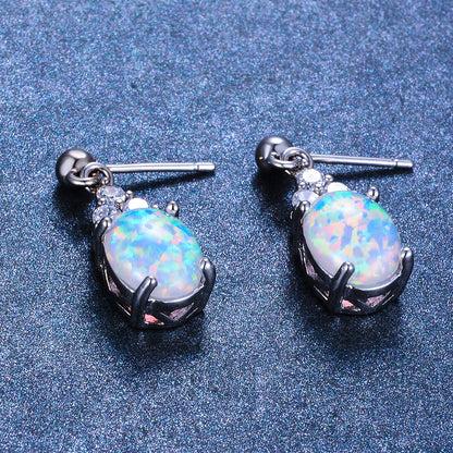 Women's Oval Opal Dangle Stud Earrings With Triple Zirconia Accent, with White Gold Plating