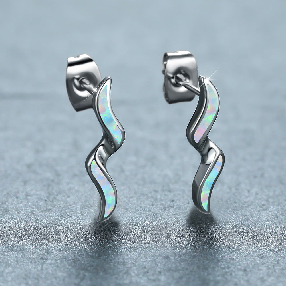 Women's Wavy Curve Inlaid Opal Drop Stud Earrings