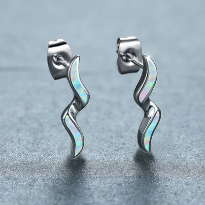 Women's Wavy Curve Inlaid Opal Drop Stud Earrings