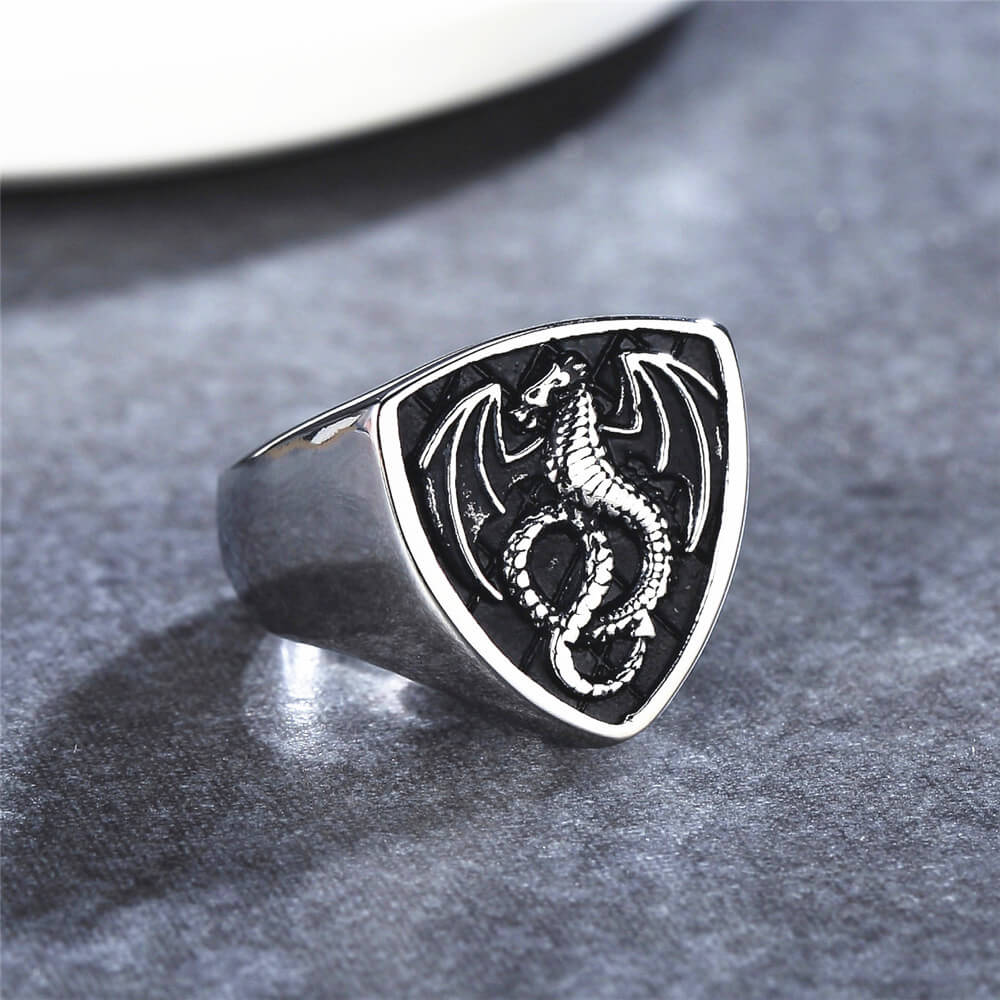 Vintage Solid Stainless Steel Shield Dragon Signet Ring for Men