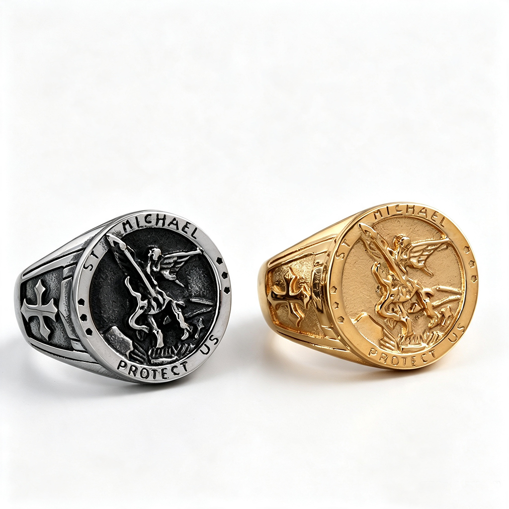 Vintage Solid Stainless Steel Archangel Saint Michael Dragon Slayer Round Signet Ring for Men
