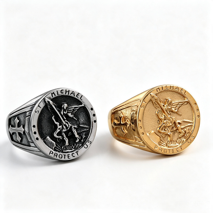 Vintage Solid Stainless Steel Archangel Saint Michael Dragon Slayer Round Signet Ring for Men