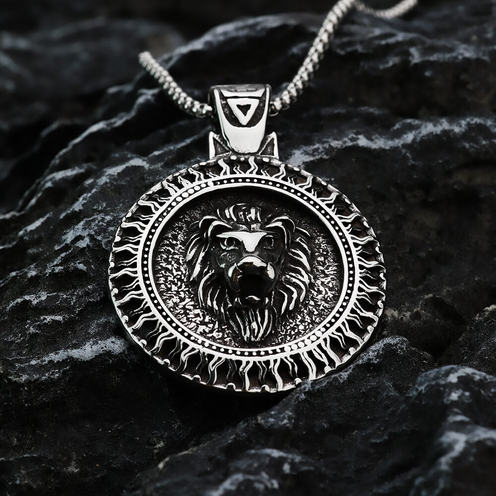 Men's Steel Lion Head Round Pendant Necklace