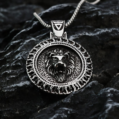 Men's Steel Lion Head Round Pendant Necklace