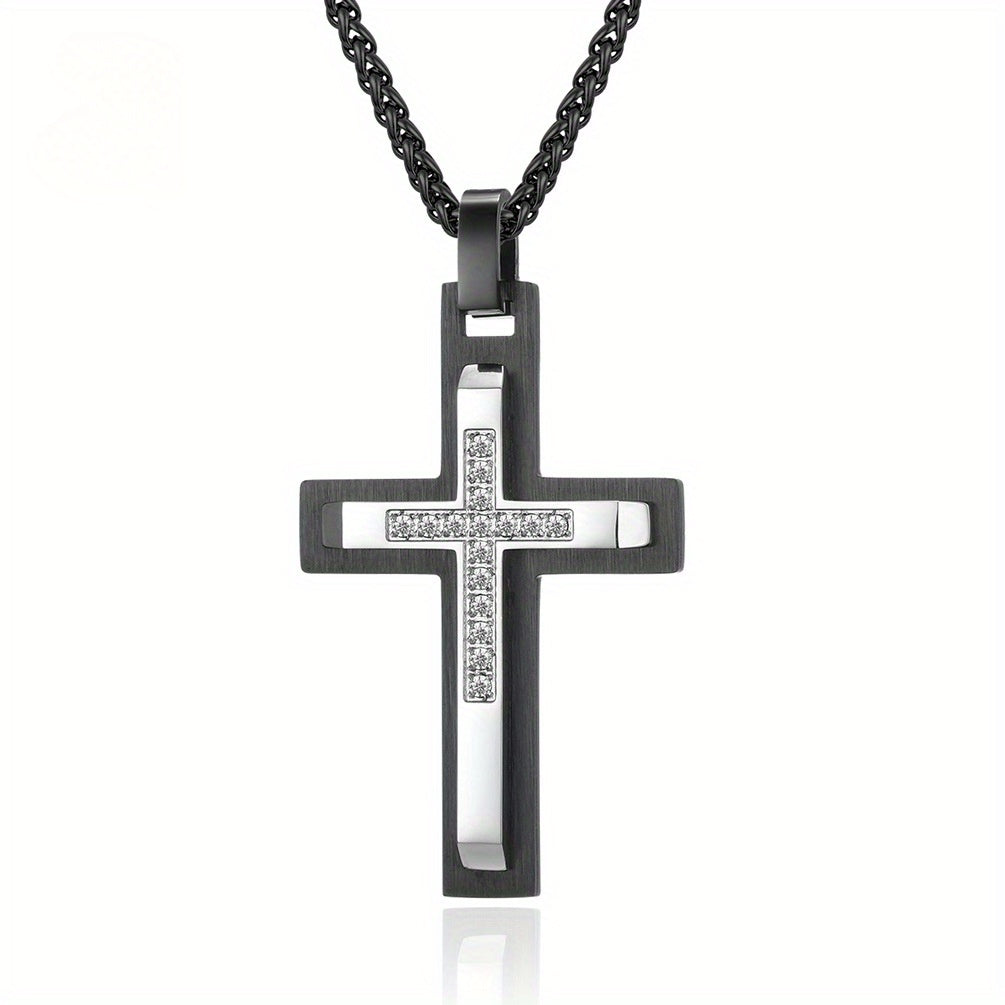 Men's Double-Layer Beveled Stone-Inlaid Cross Pendant Necklace