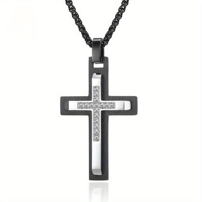 Men's Double-Layer Beveled Stone-Inlaid Cross Pendant Necklace