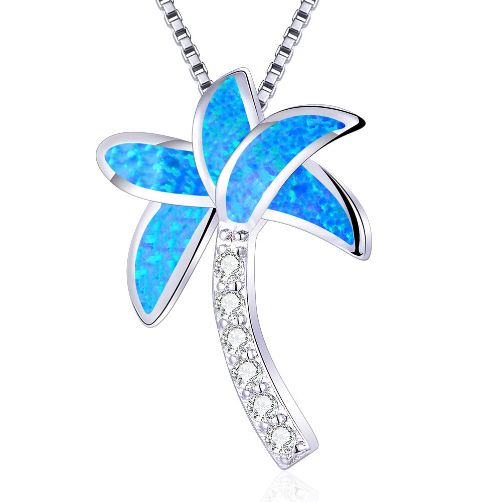 S925 Blue Opal-Coconut Tree Necklace