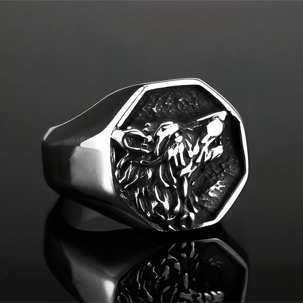 Vintage Solid Stainless Steel 3D Embossed Wolf Head Vegvisir Compass Signet Ring for Men