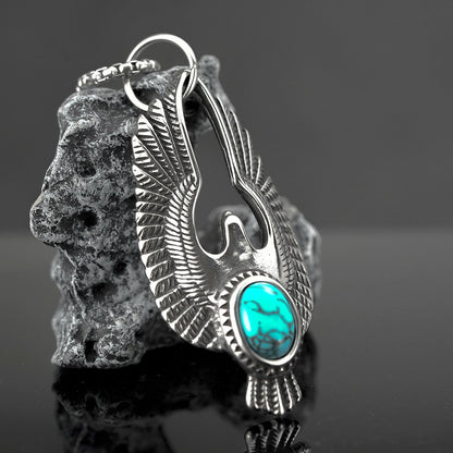 Men's Steel Flying Eagle With Turquoise Pendant Necklace
