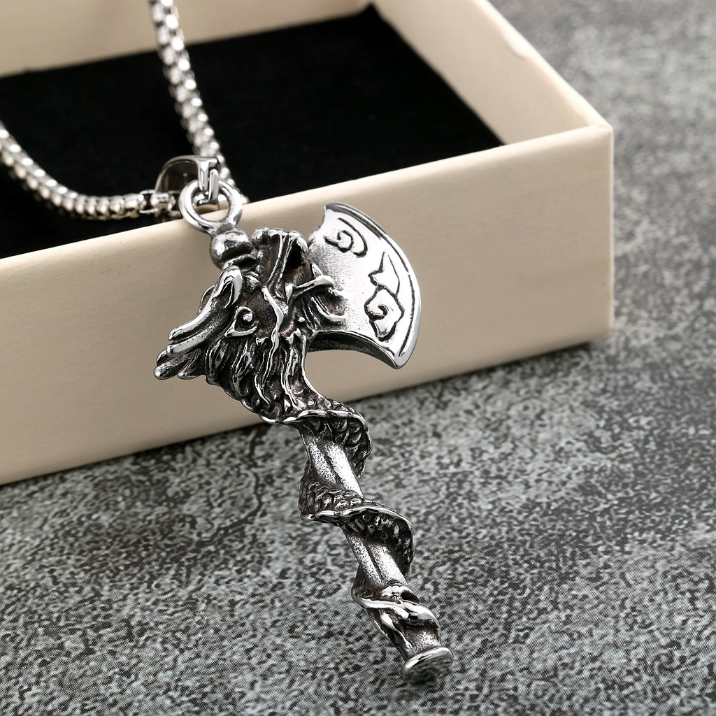 Mens Steel Dragon Axe Pendant Necklace