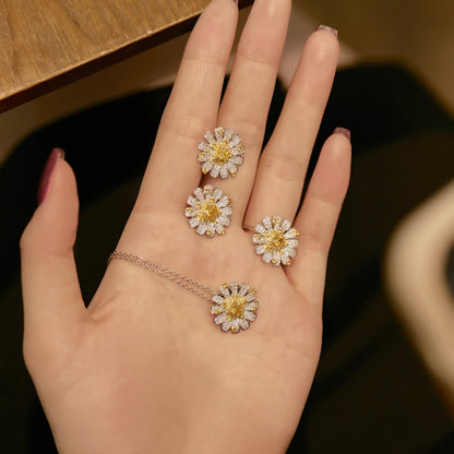 Women's Pendant Necklace, Square Shape Crushed Ice Cut Yellow Sapphire & Round Zirconia Sunflower Inlay, S925 with White Gold Plating