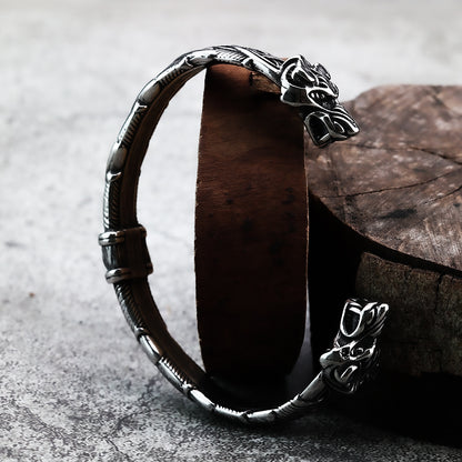 Viking Double Wolf Head Open C Bracelet for Men, Nordic Pirate Vintage Stainless Steel Cuff Bangle