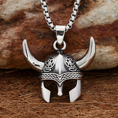 Men's Viking Helmet Horn Celtic Knot Pendant Necklace