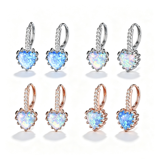 Women's Heart‑Shape Opal Leverback Earrings with Paved Zirconia, with White Gold / Rose Gold Plating