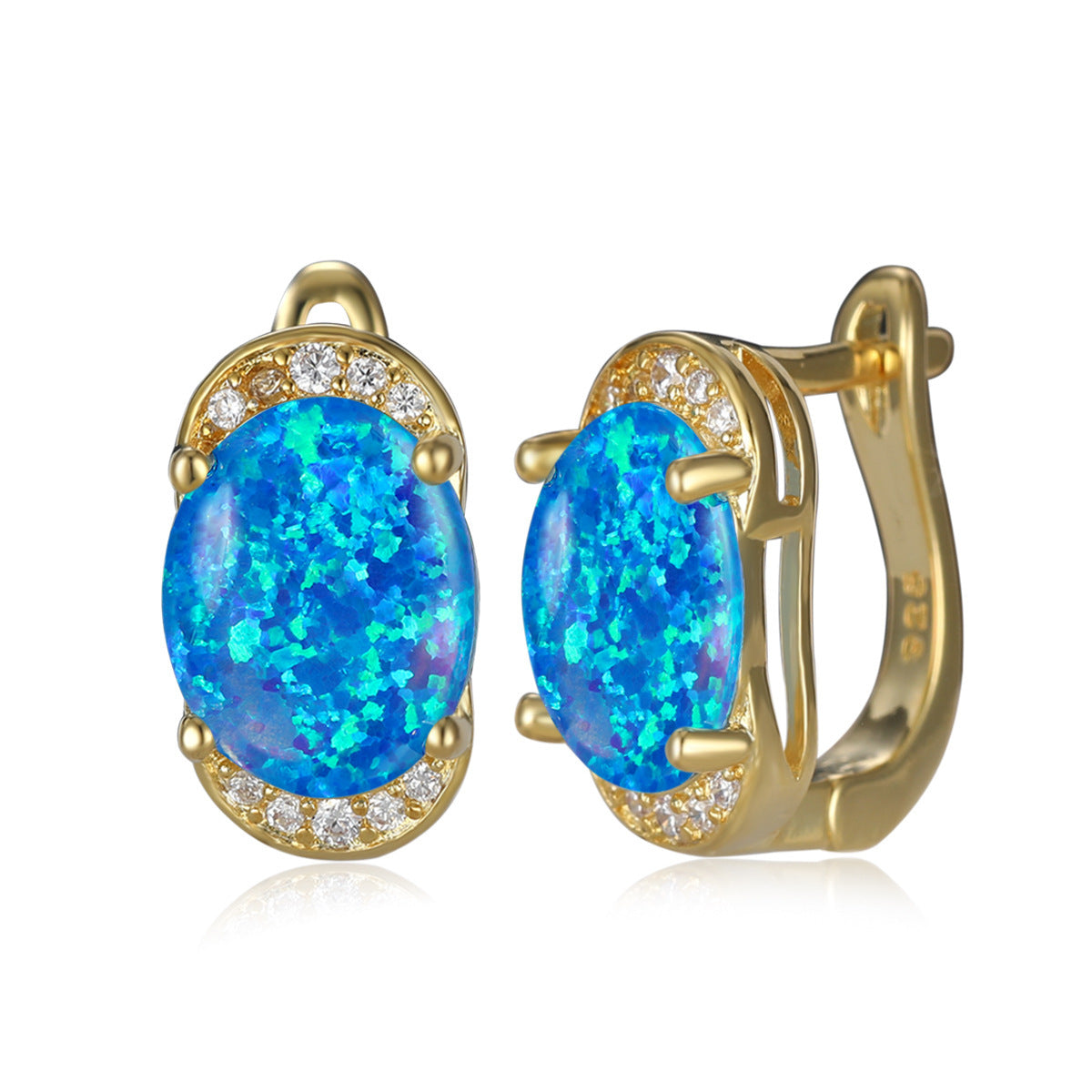 Women's Oval White & Blue Opal Halo Round Zirconia Huggie Earrings, with Gold Plating / with White Gold Plating