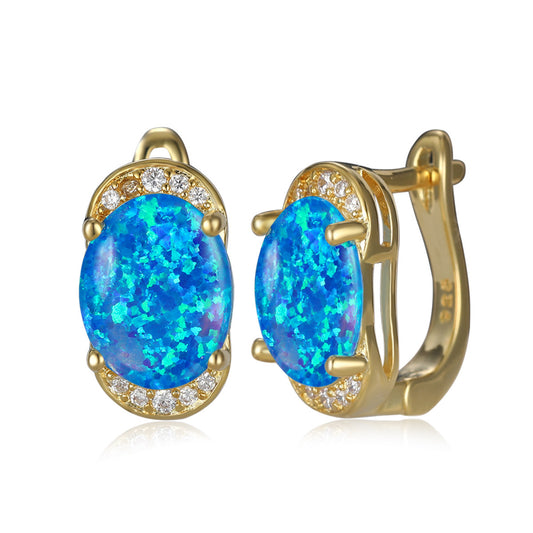 Women's Oval White & Blue Opal Halo Round Zirconia Huggie Earrings, with Gold Plating / with White Gold Plating