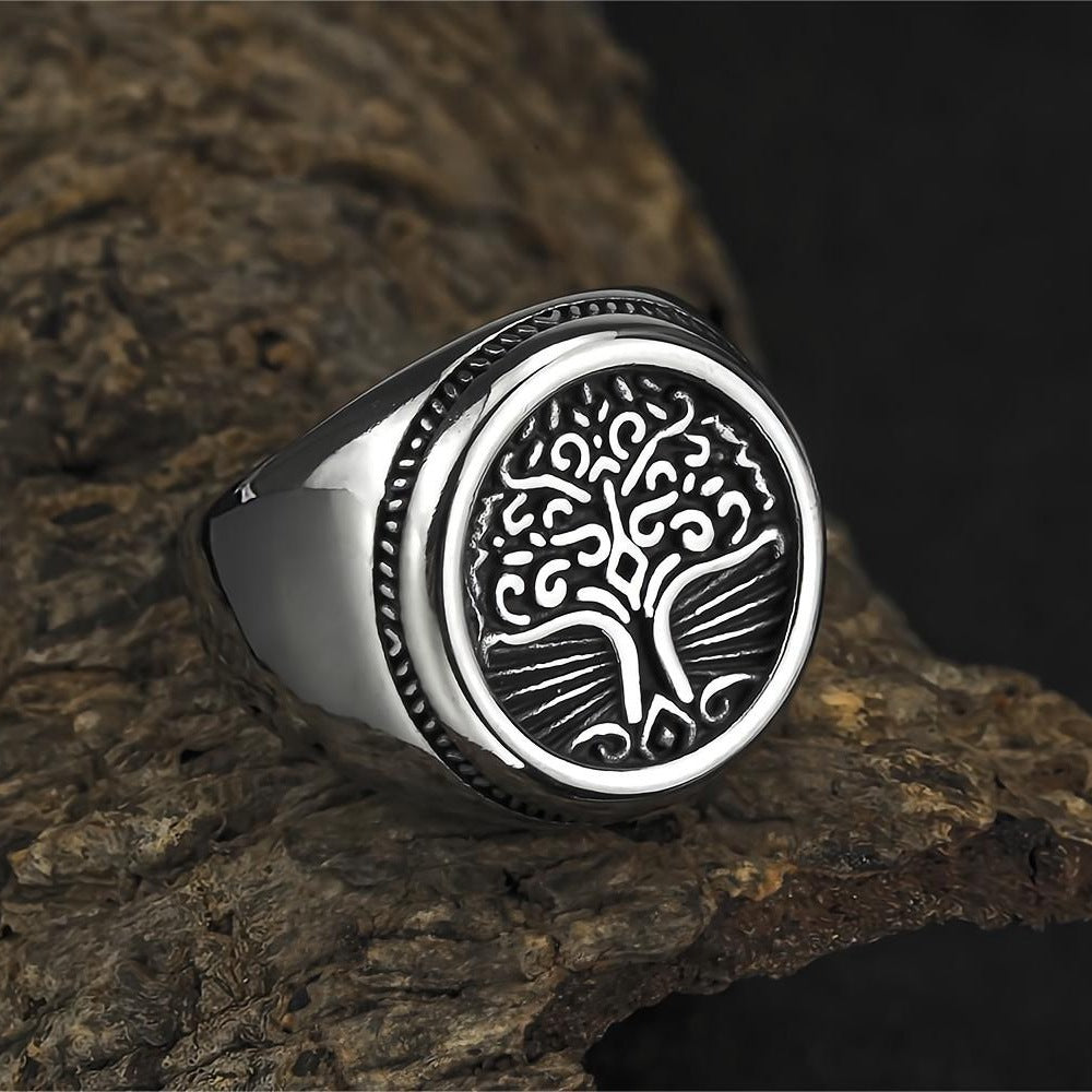 Vintage Solid Stainless Steel Round Tree of Life Signet Ring for Men