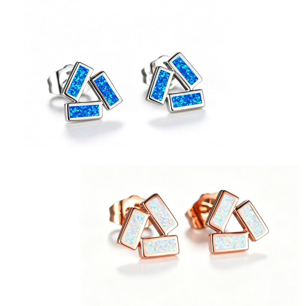 Women's Three Rectangle Blue Opal / White Opal Geometric Stud Earrings, Rose Gold / White Gold Plating