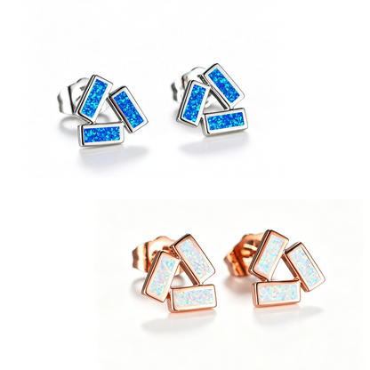 Women's Three Rectangle Blue Opal / White Opal Geometric Stud Earrings, Rose Gold / White Gold Plating